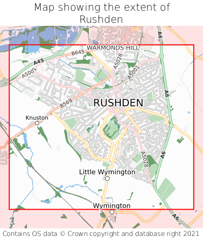 Map showing extent of Rushden as bounding box