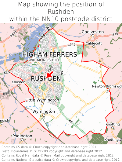 Map showing location of Rushden within NN10