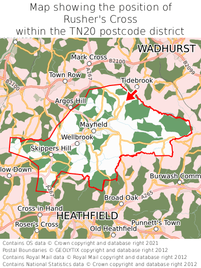 Map showing location of Rusher's Cross within TN20