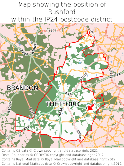 Map showing location of Rushford within IP24