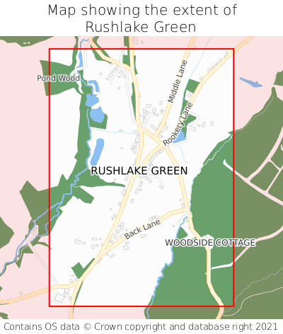 Map showing extent of Rushlake Green as bounding box