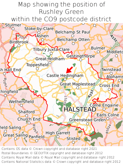 Map showing location of Rushley Green within CO9