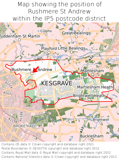 Map showing location of Rushmere St Andrew within IP5