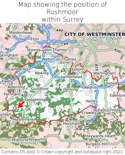 Map showing location of Rushmoor within Surrey