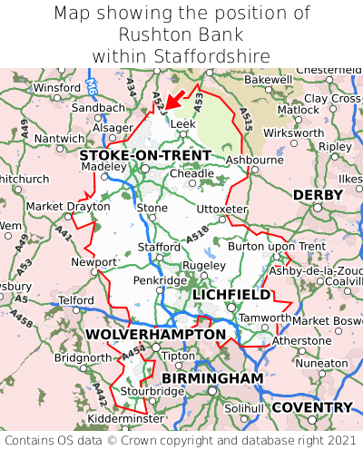Map showing location of Rushton Bank within Staffordshire