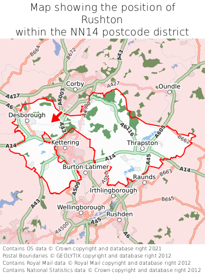 Map showing location of Rushton within NN14