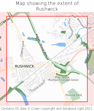 Map showing extent of Rushwick as bounding box