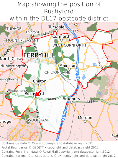 Map showing location of Rushyford within DL17