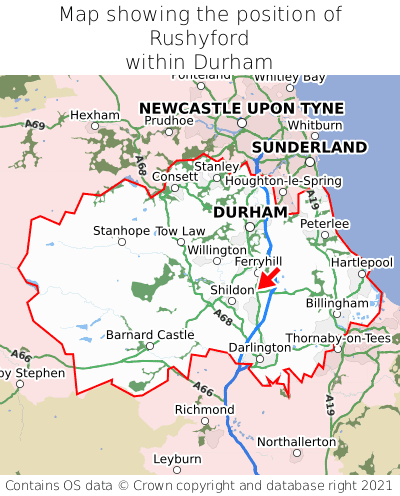 Map showing location of Rushyford within Durham