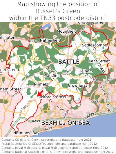Map showing location of Russell's Green within TN33