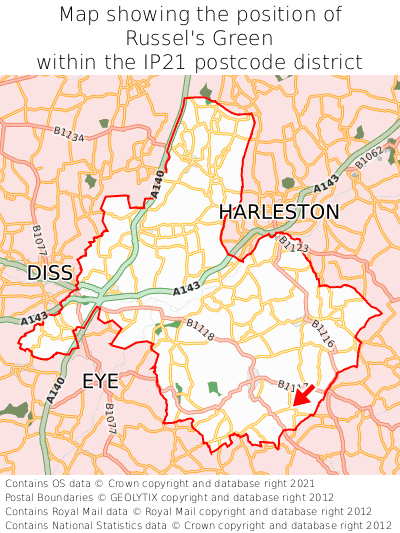 Map showing location of Russel's Green within IP21