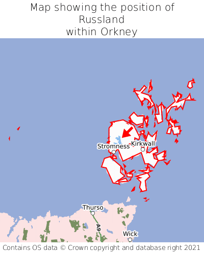 Map showing location of Russland within Orkney