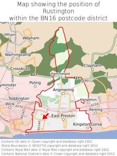 Map showing location of Rustington within BN16