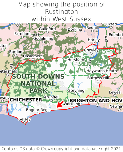 Map showing location of Rustington within West Sussex