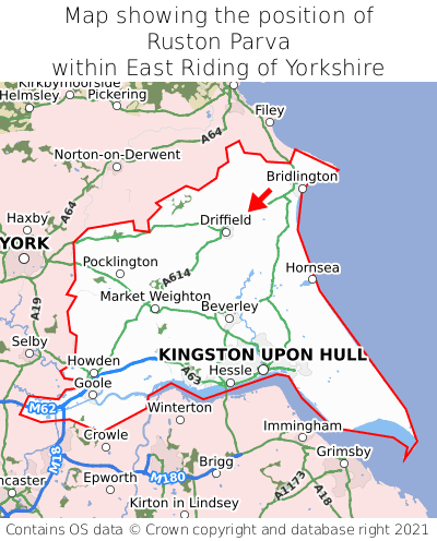 Map showing location of Ruston Parva within East Riding of Yorkshire