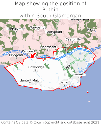 Map showing location of Ruthin within South Glamorgan