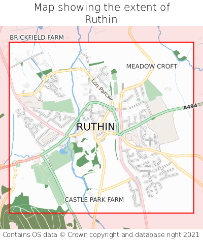 Map showing extent of Ruthin as bounding box