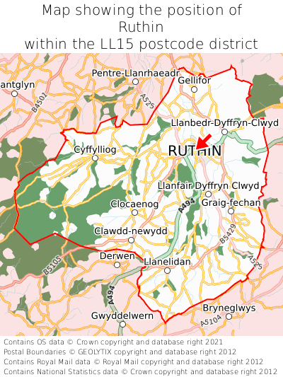 Map showing location of Ruthin within LL15