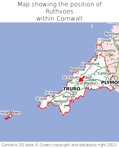 Map showing location of Ruthvoes within Cornwall