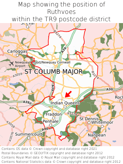 Map showing location of Ruthvoes within TR9