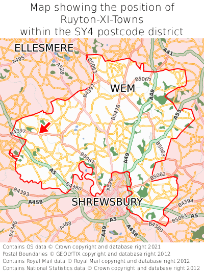 Map showing location of Ruyton-XI-Towns within SY4