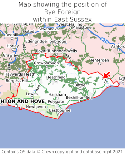 Map showing location of Rye Foreign within East Sussex