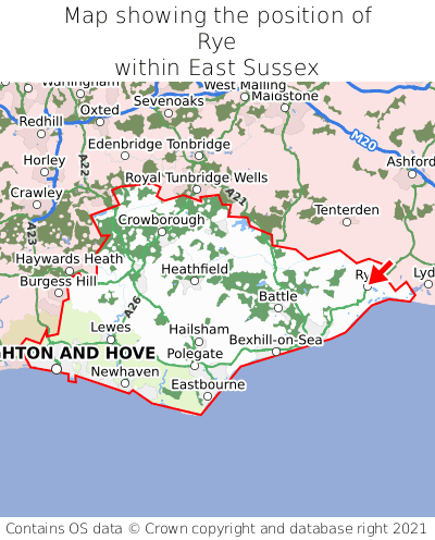 Map showing location of Rye within East Sussex