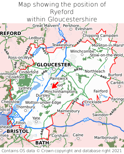 Map showing location of Ryeford within Gloucestershire