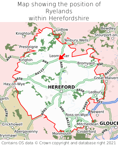Map showing location of Ryelands within Herefordshire