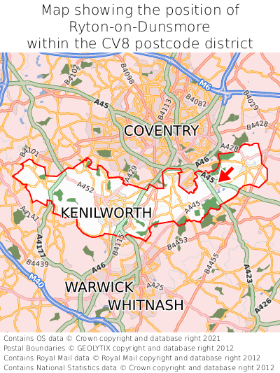 Map showing location of Ryton-on-Dunsmore within CV8