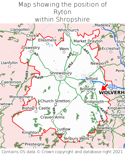Map showing location of Ryton within Shropshire