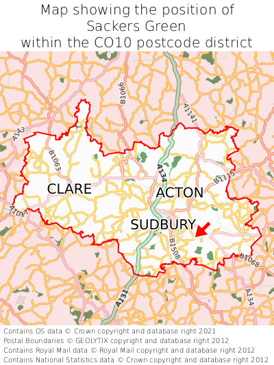 Map showing location of Sackers Green within CO10