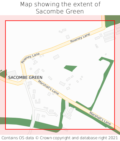 Map showing extent of Sacombe Green as bounding box