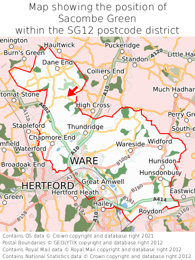 Map showing location of Sacombe Green within SG12