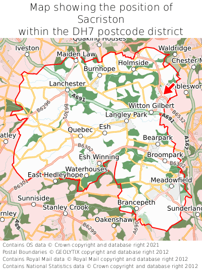 Map showing location of Sacriston within DH7