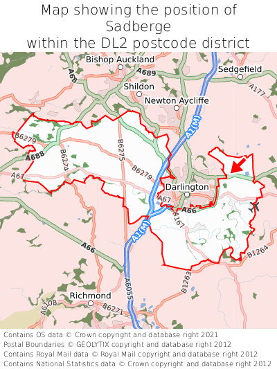 Map showing location of Sadberge within DL2