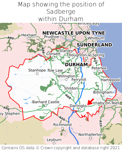 Map showing location of Sadberge within Durham