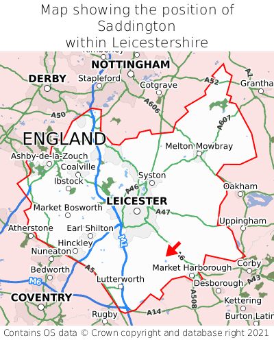 Map showing location of Saddington within Leicestershire