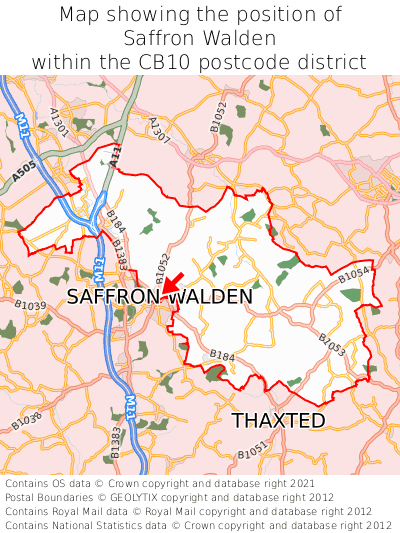 Map showing location of Saffron Walden within CB10