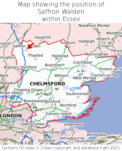 Map showing location of Saffron Walden within Essex