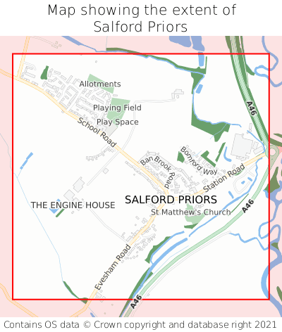 Map showing extent of Salford Priors as bounding box