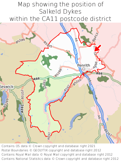 Map showing location of Salkeld Dykes within CA11