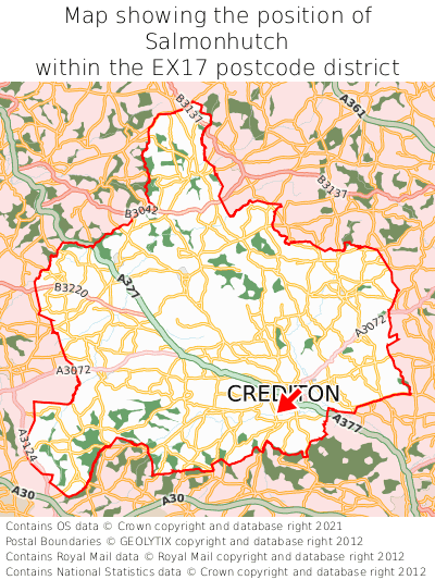 Map showing location of Salmonhutch within EX17