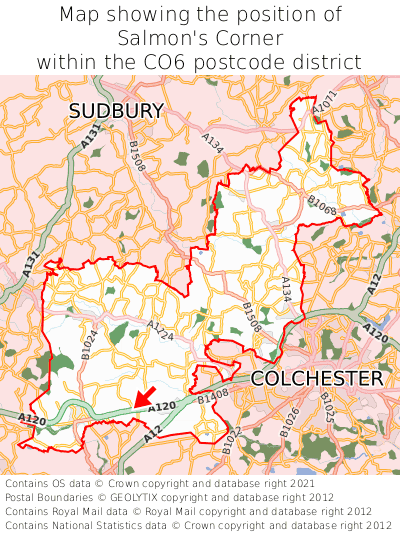 Map showing location of Salmon's Corner within CO6