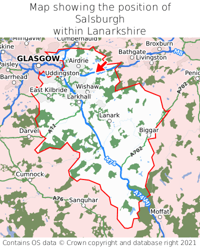 Map showing location of Salsburgh within Lanarkshire