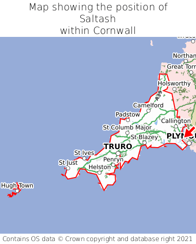 Map showing location of Saltash within Cornwall