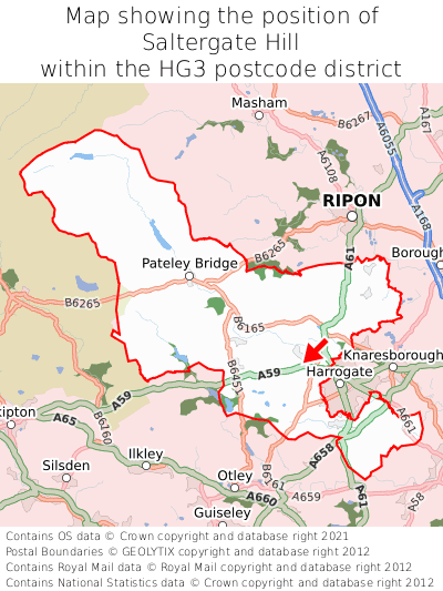 Map showing location of Saltergate Hill within HG3