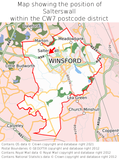 Map showing location of Salterswall within CW7