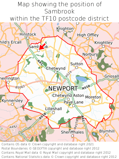 Map showing location of Sambrook within TF10