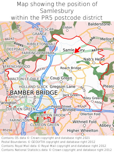 Map showing location of Samlesbury within PR5